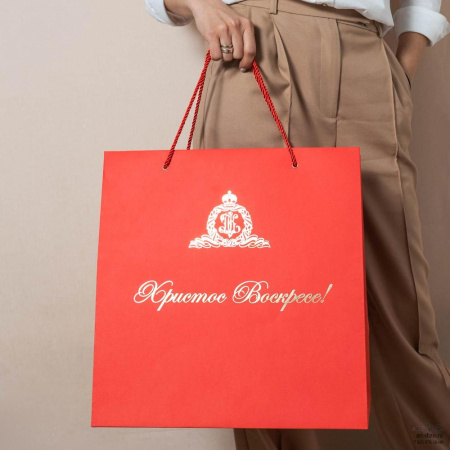 Пакет 38×40×23 см к пасхе из красной дизайнерки, производство Арт-Дизо на заказ в Москве