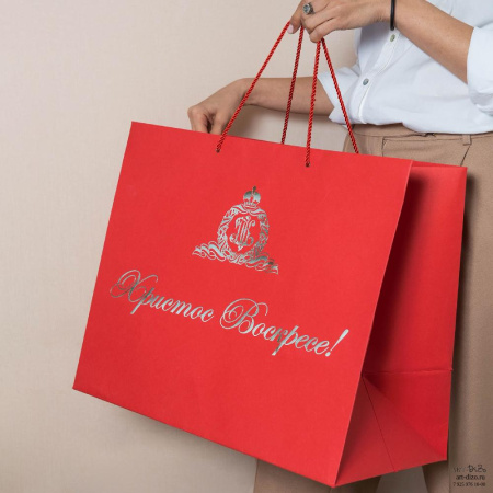 Пакет 38×40×23 см к пасхе из красной дизайнерки, производство Арт-Дизо на заказ в Москве