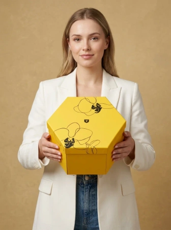  Фотография премиальная шестигранная подарочная коробка с эффектной раскрывающейся конструкцией